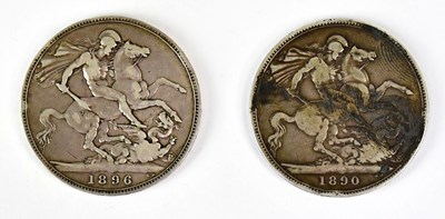 Lot 671 - Two Victorian crowns, 1890 and 1896 (2).