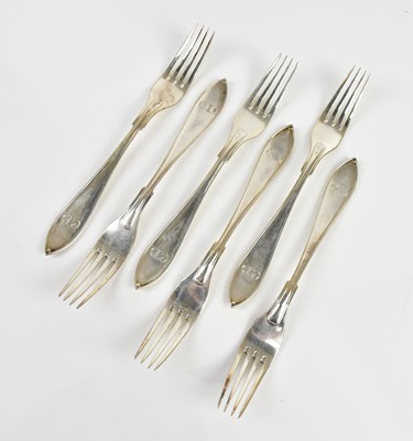 Lot 1468 - Six Swedish silver table forks, with engraved...