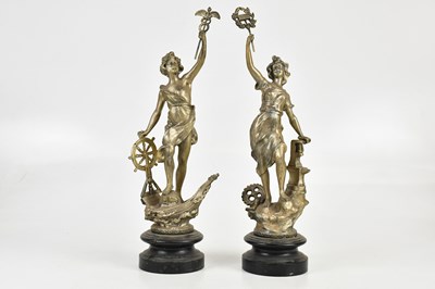 Lot 1419 - A pair of bronzed spelter figures representing...