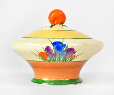 Lot 222 - CLARICE CLIFF; a 'Crocus' pattern lidded sugar...