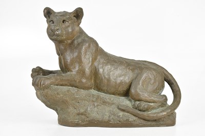 Lot 1413 - ERIC HERON; a bronzed figure, 'Lazy Leopard',...