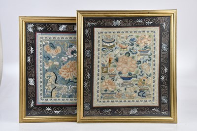 Lot 65 - Two framed Chinese silk panels, each with...