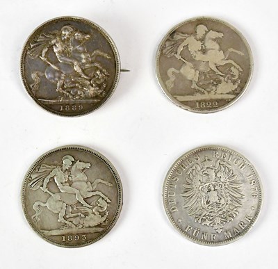 Lot 701 - A George IV crown, 1822, two Victorian crowns,...
