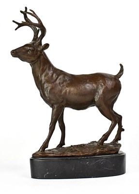 Lot 285 - A bronze model of a stag, on black marble base,...