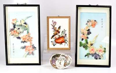 Lot 253 - A pair of Chinese hardstone pictures of birds...