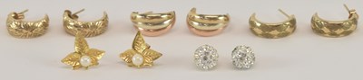 Lot 1265 - A pair of 9ct tri-coloured gold earrings, a...