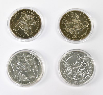 Lot 651 - Two Elizabeth II 1oz fine silver Britannias,...