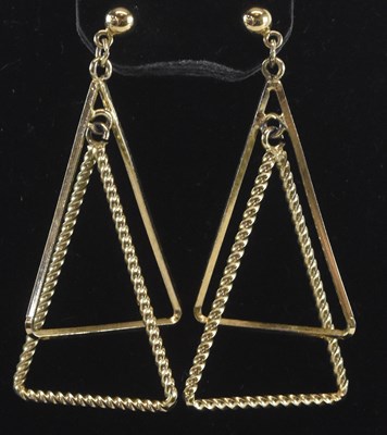 Lot 1259 - A pair of triangular yellow metal drop...