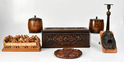 Lot 334 - A carved oak tabletop box with floral panels,...
