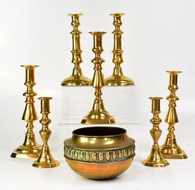 Lot 535 - Three pairs of brass candlesticks, height of...