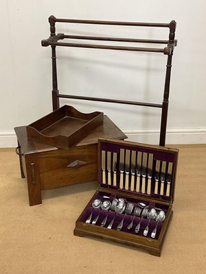 Lot 799 - An oak box with metal handles, an oak filing...