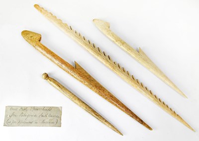 Lot 361 - Three Patagonian carved bone fishing...