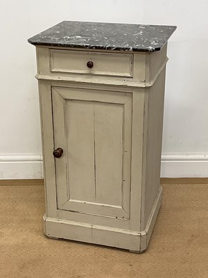 Lot 528 - A marble topped painted pine bedside cabinet...