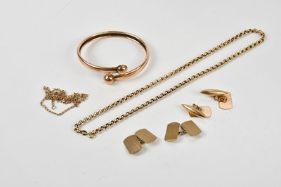 Lot 1 - A 9ct yellow gold bangle, two pairs of yellow...