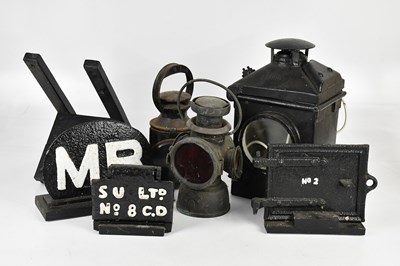 Lot 1255 - Three railway lamps with wall mounts, also...