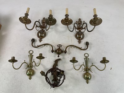 Lot 1245 - Two pairs of brass two branch wall lights and...