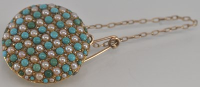 Lot 1277 - An 18ct gold seed pearl and turquoise circular...