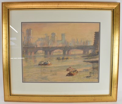 Lot 218 - PAT JOBSON; a pastel drawing, 'Boats on The...