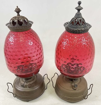 Lot 492 - A pair of French oil lamps with cranberry...