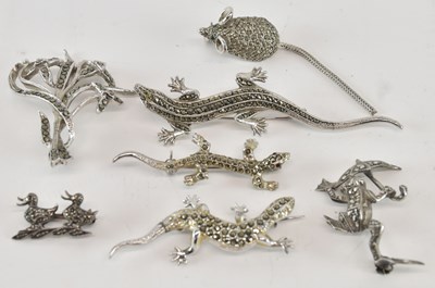 Lot 1340 - Three 925 silver and marcasite brooches, one...