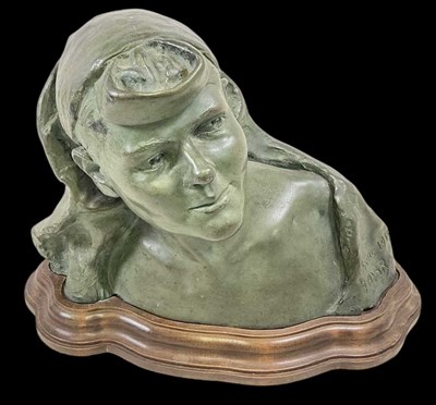 Lot 142 - FAYAR; a green patinated painted plaster bust...