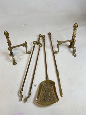 Lot 198 - A brass three piece companion set and a pair...
