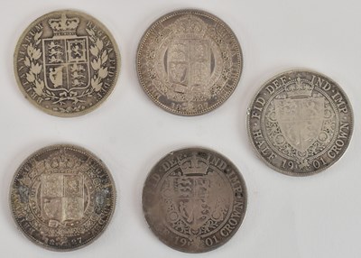 Lot 1440 - Five Victorian shield back half crowns,...