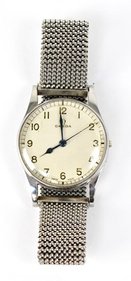 Lot 1166 - OMEGA; an RAF issue wristwatch, the white dial...