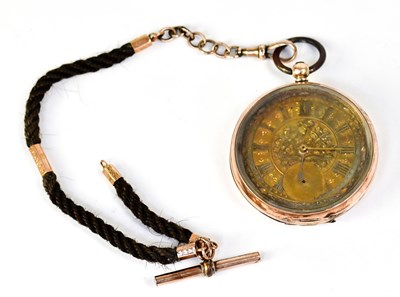 Lot 1153 - A 9k rose gold open face pocket watch, key...