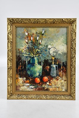 Lot 604 - S MOODY; oil on canvas, abstract still life,...