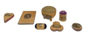 Lot 349 - MAUCHINE WARE; seven pin cushions, a pill box...