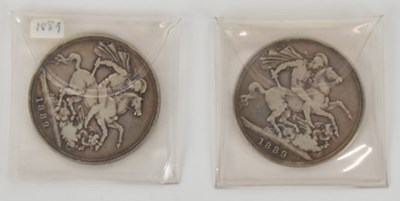 Lot 1429 - Two Victoria crowns, 1889, old head (2).
