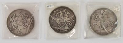 Lot 1409 - Three Victoria crowns, 1890, old head.