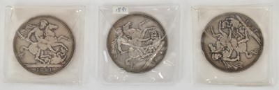Lot 1410 - Three Victoria crowns, 1891, old head.