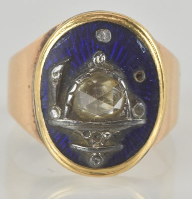 Lot 1173 - A yellow metal blue enamelled Masonic signet...