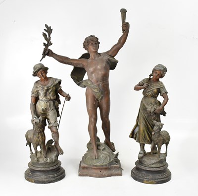 Lot 556 - A pair of spelter figures of a shepherd and...