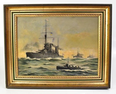 Lot 766 - J. J. MILES; oil on canvas, battleships on...