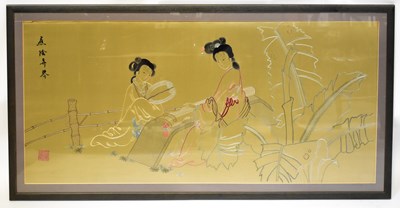 Lot 553 - An embroidered silk image of two young women...