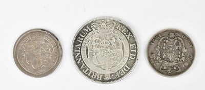 Lot 1002 - Three milled silver coins, comprising a George...