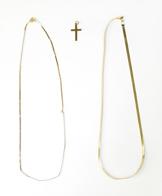 Lot 1080 - Two 9ct yellow gold flat link necklaces, the...