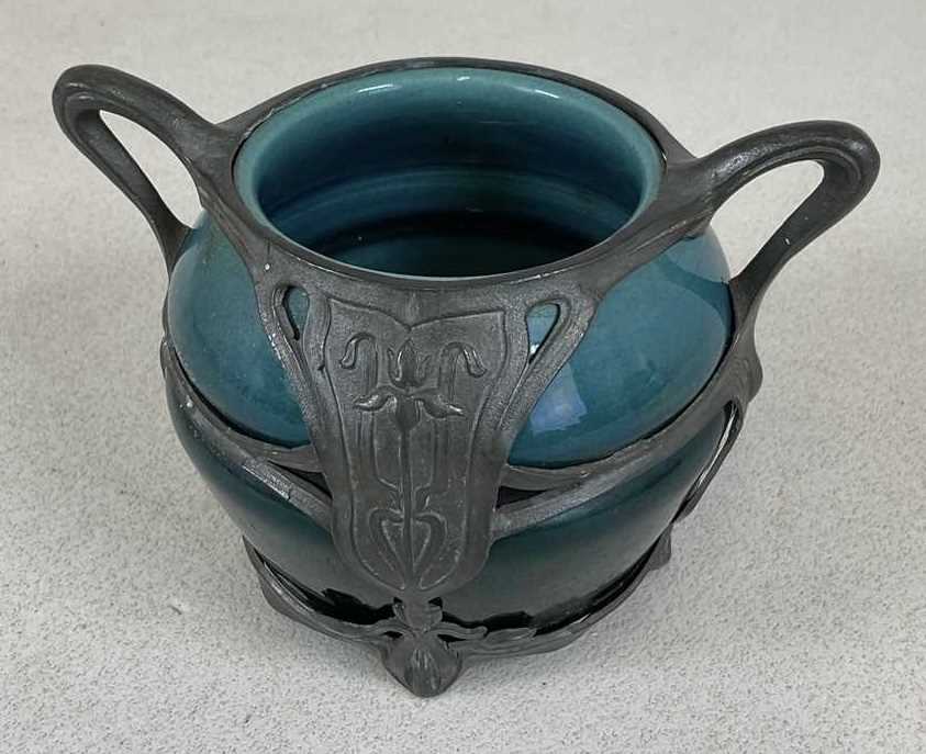Lot 141 - An Art Nouveau blue/green glazed majolica vase,...