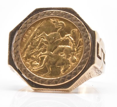 Lot 476 - A George V half sovereign, 1913, set in 9ct...