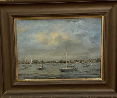 Lot 397 - RICHARD WILLIS; oil on board, 'Boats at Bosham'...