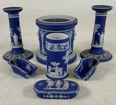Lot 247 - WEDGWOOD; a pair of blue jasperware...