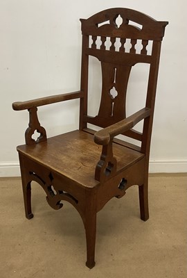 Lot 744 - An Oak Deacons chair with gothic design back,...