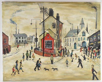 Lot 137 - IN THE STYLE OF LAURENCE STEPHEN LOWRY; oil on...
