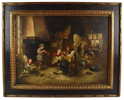 Lot 1402 - FLEMISH SCHOOL; oil on canvas, genre scene with figures and dog in tavern interior
