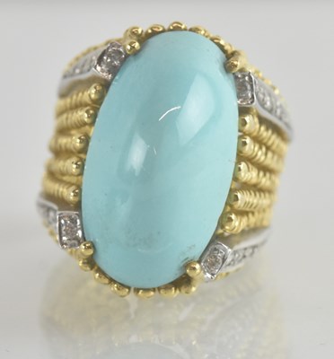 Lot 1220 - A yellow metal turquoise and diamond set ring,...