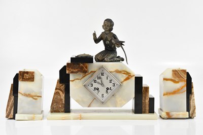 Lot 1319 - A large Art Deco three piece clock garniture,...