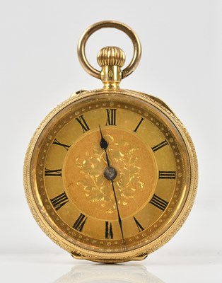 Lot 407 - A yellow metal crown wind open faced fob watch,...